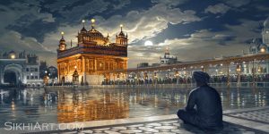 Golden Temple at Night, Amritsar, Punjab, Harmandir Sahib, Harimandir, Hari Mandir, Darbar Sahib, Meditating, Man, Naam Simran, Moon, Baba Attal Rai Gurudwara, Boonga, Bhagat Singh Artist, Sikhi Art