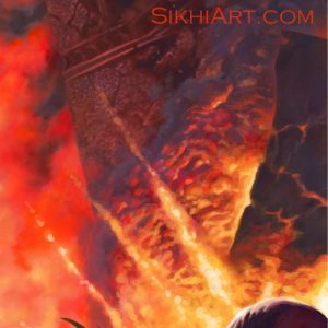 Blind Chakram on Howdah, Explosion, Chaos, Two Nihangs Defend Temple, Demons, Elephant, Howdah, Lightning, Akali, Chakra, Sikhi Art, Bhagat Singh Bedi
