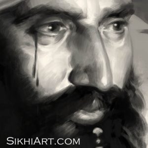 Sant Jarnail Singh ji Bhindranwale - Close-up Detail - Operation Blue Star - Indian Army Tanks by Bhagat Singh Bedi of Sikhi Art