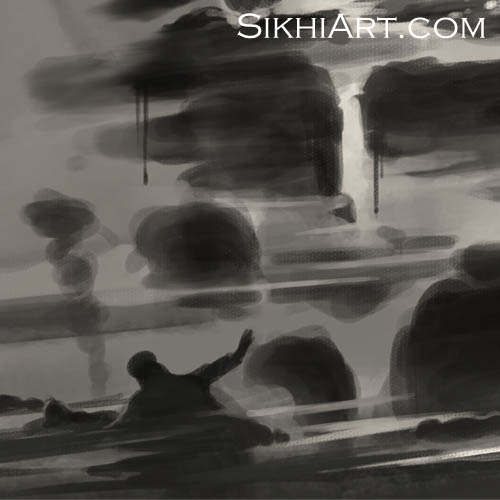 Sant Jarnail Singh ji Bhindranwale - Corpses Detail - Operation Blue Star - Indian Army Tanks by Bhagat Singh Bedi of Sikhi Art