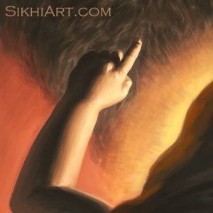 Pita Kalu ji Holding Baby Nanak, Holding up Advait, Non-dual Oneness as the ideal, Mehta Kalu ji, Guru Nanak Dev ji, Bhagat Singh, Sikhi Art