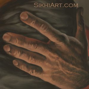 Pita Kalu ji Holding Baby Nanak, Pita ji's embrace, hard working hand, Mehta Kalu ji, Guru Nanak Dev ji, Bhagat Singh, Sikhi Art