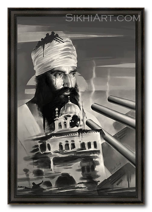 Sant Jarnail Singh ji Bhindranwale - Operation Blue Star - Indian Army Tanks - Akal Takhat by Bhagat Singh Bedi of Sikhi Art