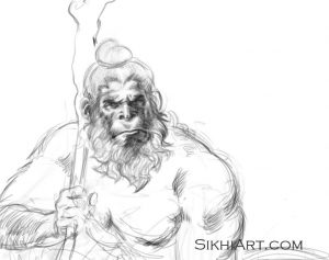 Hanuman ji, Hominid, Early Man, Monkey God, Hindu Gods, Sikhi, Art, Punjab, Drawings, Sketches, Bhagat Singh Bedi