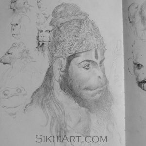 Hanuman ji Portrait, Monkey God, Hindu Gods, Sikhi, Art, Punjab, Drawings, Sketches, Bhagat Singh Bedi