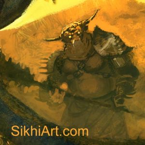 ,Metal Mouth Demon, Snake Charmer Fights the Demons, Akali, Nihang, Warrior, Sikh Awarrior, Turban, Dastaar Boonga, Khalsa, Sikh Art