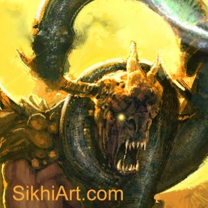 Snake strangles demon, Snake Charmer Fights the Demons, Akali, Nihang, Warrior, Sikh Awarrior, Turban, Dastaar Boonga, Khalsa, Sikh Art