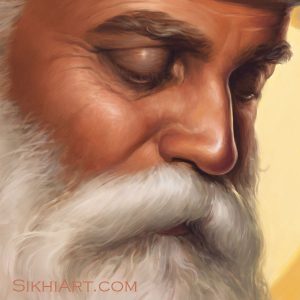 Adi Guru - Guru Nanak Dev ji Face Eyes Nose Beard Bright Yellow Sun Close-up Portrait Painting Meditation Dhyan Sikh Art Punjab Painting by Bhagat Singh Bedi