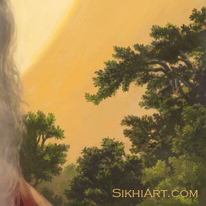 Adi Guru - Guru Nanak Dev ji Trees Forest Sun Close-up Portrait Painting Meditation Dhyan Sikh Art Punjab Painting by Bhagat Singh Bedi
