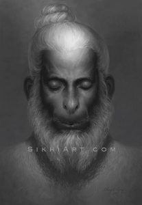Hanuman ji Meditating on Shri Ram ji, Bajrangbali, top-knot, beard, monkey, God, divine being, bhakti, warrior, bhakta, bhagat, bhagti, Hindu mythology, Art of Hinduism of Vaishnavism, by Artist Bhagat Singh Bedi, Sikhi Art