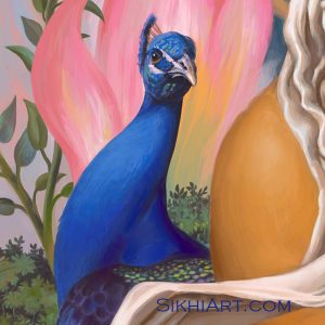 Guru Arjun Dev ji, Spiritual Blossoming, Guru Arjan Dev ji, Sikh Painting, Art and History of Punjab, Bhagat Singh, Sikhi Art, Peacock, Swan, Mute Swan, Lotus Petals, Roots, Garden, Beautiful Sikh Art