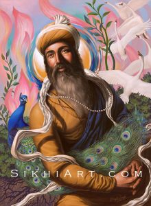 Guru Arjun Dev ji, Spiritual Blossoming, Guru Arjan Dev ji, Sikh Painting, Art and History of Punjab, Bhagat Singh, Sikhi Art, Peacock, Swan, Mute Swan, Lotus Petals, Roots, Garden, Beautiful Sikh Art