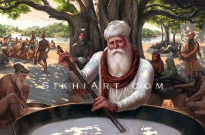 Guru Amar Das ji, Waheguru, Langar, Mata Mansa Devi, Bibi Bhani, Bibi Dani, Guru Ram Dasji,Guru Nanak Dev ji, Sikh Art by Artist Bhagat Singh Bedi