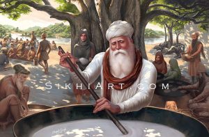 Guru Amar Das ji, Waheguru, Langar, Mata Mansa Devi, Bibi Bhani, Bibi Dani, Guru Ram Dasji,Guru Nanak Dev ji, Sikh Art by Artist Bhagat Singh Bedi