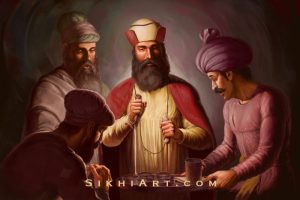 Guru Nanak Dev ji - Supper at Bhai Lalo Ji's House - Sikh Art by Bhagat Singh Bedi - Bhai Mardana - Sikh History - Malik Bhago