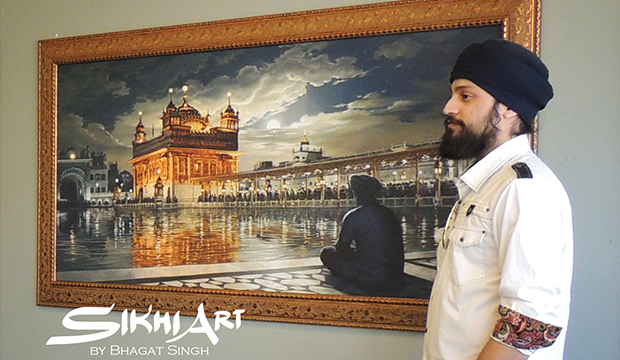 Artist Bhagat Singh Bedi with his Sikh Art Golden Temple Painting