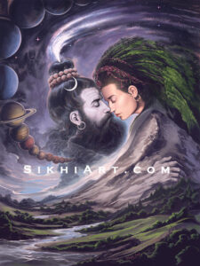 Shiva and Shakti, the Spiritual and Material Forces of the Universe, in embrace. Hindu Art, Sikh Philosophy, Painting by Artist Bhagat Singh Bedi