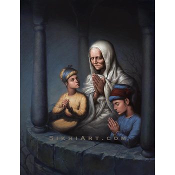 Mata Gujri ji and Chote Sahibzade - Sikh Art by Bhagat Singh Bedi