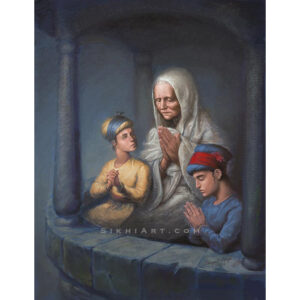 Mata Gujri ji and Chote Sahibzade - Sikh Art by Bhagat Singh Bedi