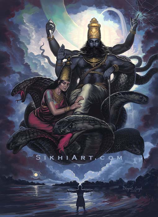 Shri Hari ji, Mata Lakshmi ji, Shri Vishnu ji, Shri Bhagwati, Kaal Purakh, Bhagauti, Narayan, Waheguru, Sikh Art, Hindu Art by Artist Bhagat Singh Bedi